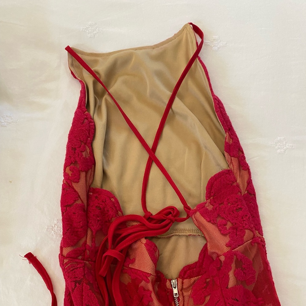 Latiste Long semi sheer red overlay lace dress with halter neck, open back